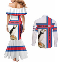 Faroe Islands Couples Matching Mermaid Dress and Long Sleeve Button Shirt with Red Blue Cross Design and Puffin Bird - Wonder Print Shop