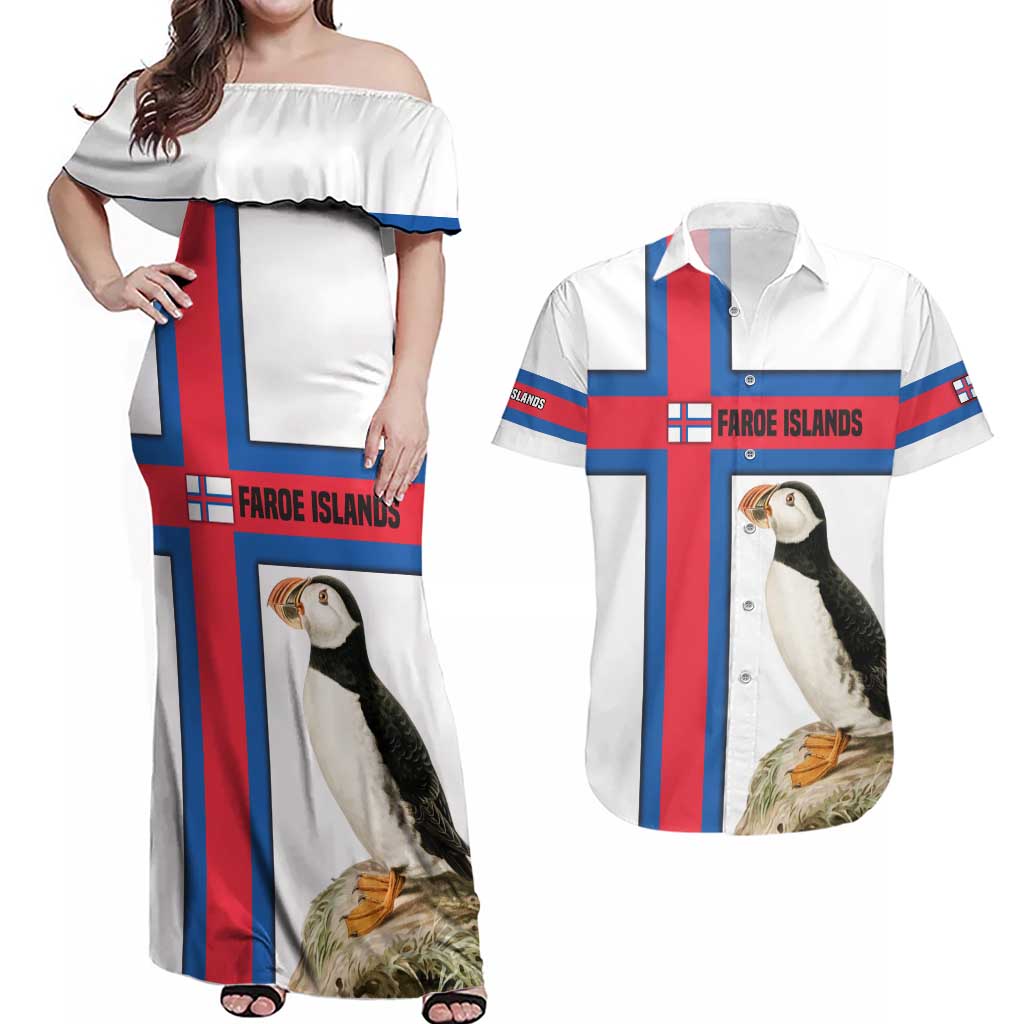 Faroe Islands Couples Matching Off Shoulder Maxi Dress and Hawaiian Shirt with Red Blue Cross Design and Puffin Bird - Wonder Print Shop