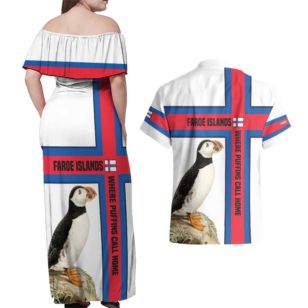 Faroe Islands Couples Matching Off Shoulder Maxi Dress and Hawaiian Shirt with Red Blue Cross Design and Puffin Bird - Wonder Print Shop