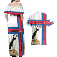 Faroe Islands Couples Matching Off Shoulder Maxi Dress and Hawaiian Shirt with Red Blue Cross Design and Puffin Bird - Wonder Print Shop