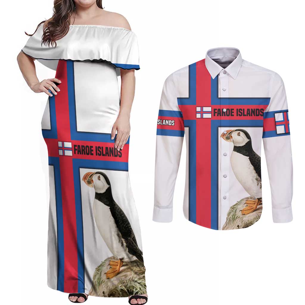 Faroe Islands Couples Matching Off Shoulder Maxi Dress and Long Sleeve Button Shirt with Red Blue Cross Design and Puffin Bird - Wonder Print Shop