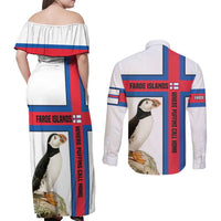 Faroe Islands Couples Matching Off Shoulder Maxi Dress and Long Sleeve Button Shirt with Red Blue Cross Design and Puffin Bird - Wonder Print Shop