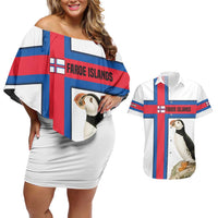 Faroe Islands Couples Matching Off Shoulder Short Dress and Hawaiian Shirt with Red Blue Cross Design and Puffin Bird - Wonder Print Shop