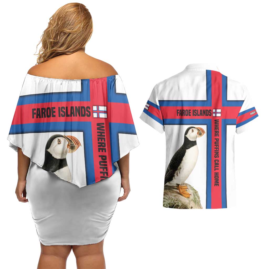 Faroe Islands Couples Matching Off Shoulder Short Dress and Hawaiian Shirt with Red Blue Cross Design and Puffin Bird - Wonder Print Shop