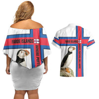 Faroe Islands Couples Matching Off Shoulder Short Dress and Hawaiian Shirt with Red Blue Cross Design and Puffin Bird - Wonder Print Shop