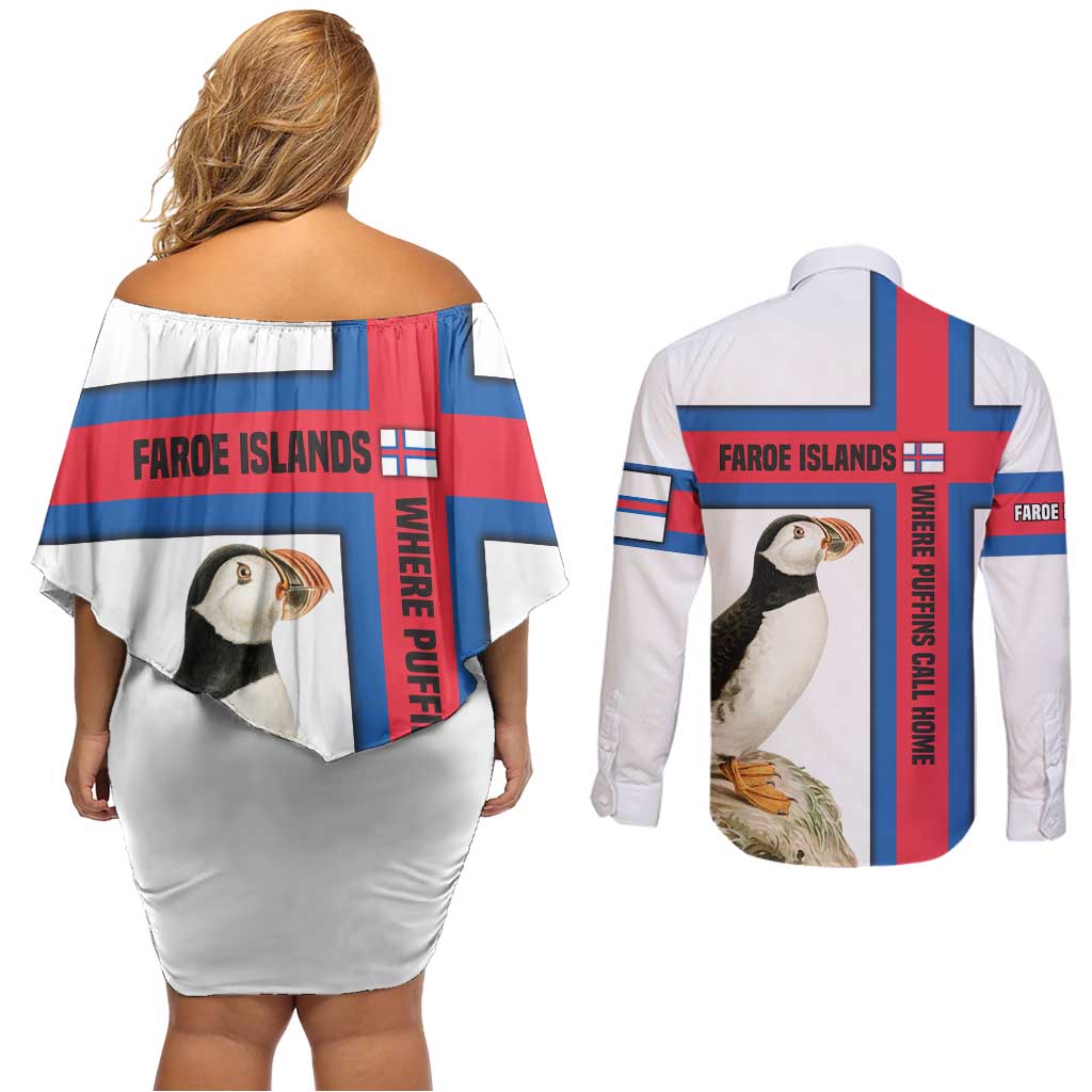 Faroe Islands Couples Matching Off Shoulder Short Dress and Long Sleeve Button Shirt with Red Blue Cross Design and Puffin Bird - Wonder Print Shop