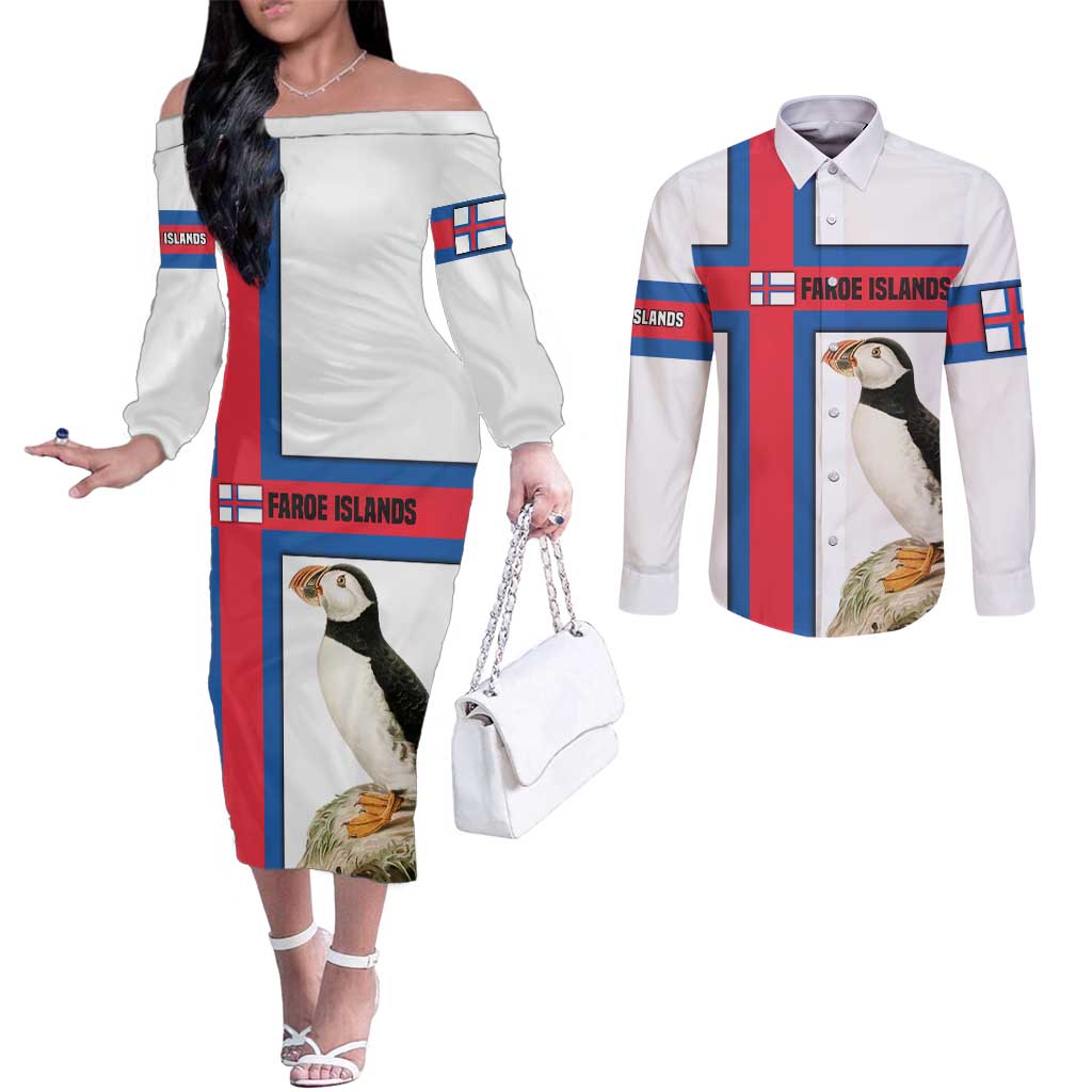 Faroe Islands Couples Matching Off The Shoulder Long Sleeve Dress and Long Sleeve Button Shirt with Red Blue Cross Design and Puffin Bird - Wonder Print Shop