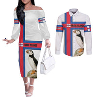 Faroe Islands Couples Matching Off The Shoulder Long Sleeve Dress and Long Sleeve Button Shirt with Red Blue Cross Design and Puffin Bird - Wonder Print Shop