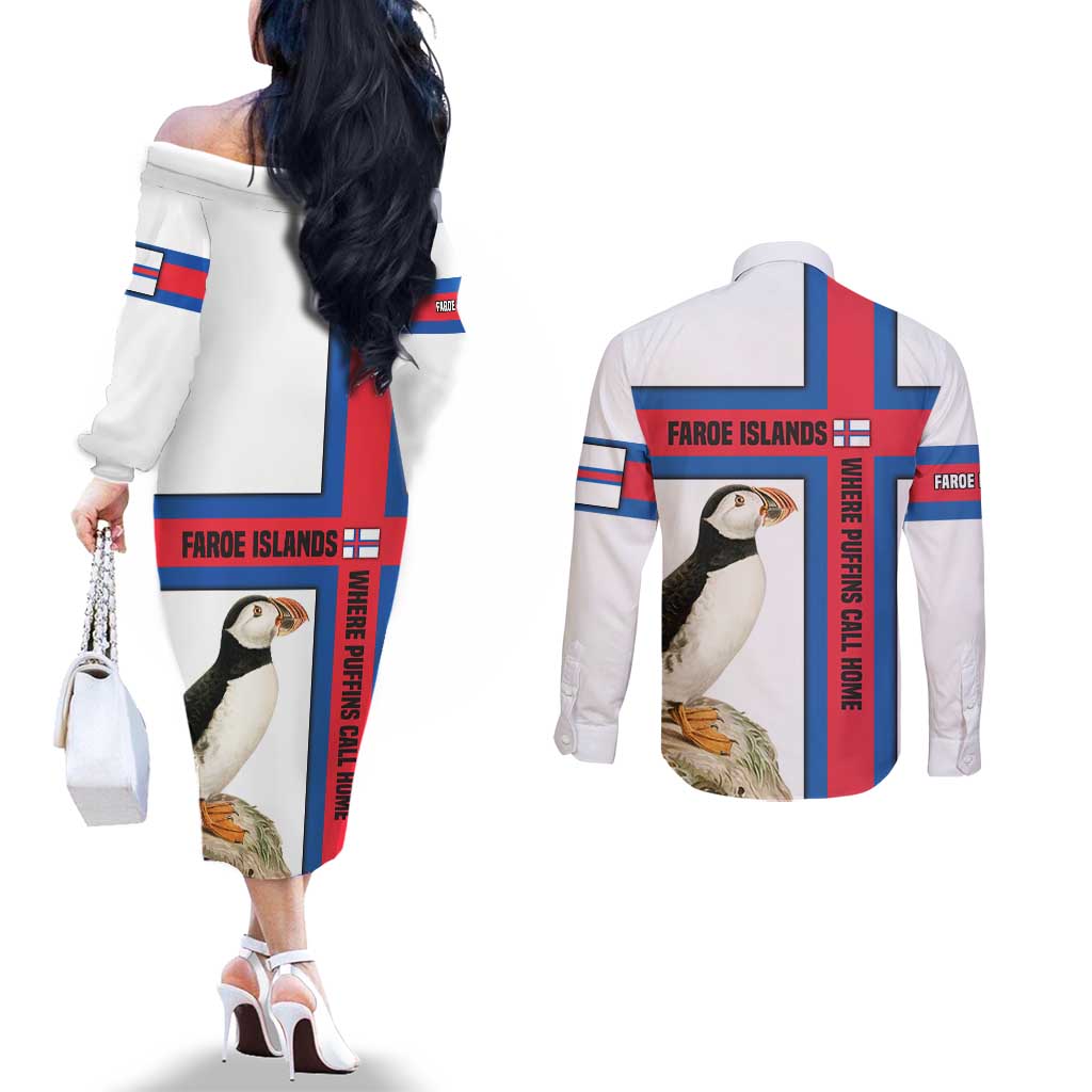 Faroe Islands Couples Matching Off The Shoulder Long Sleeve Dress and Long Sleeve Button Shirt with Red Blue Cross Design and Puffin Bird - Wonder Print Shop