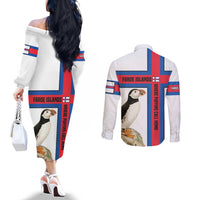 Faroe Islands Couples Matching Off The Shoulder Long Sleeve Dress and Long Sleeve Button Shirt with Red Blue Cross Design and Puffin Bird - Wonder Print Shop