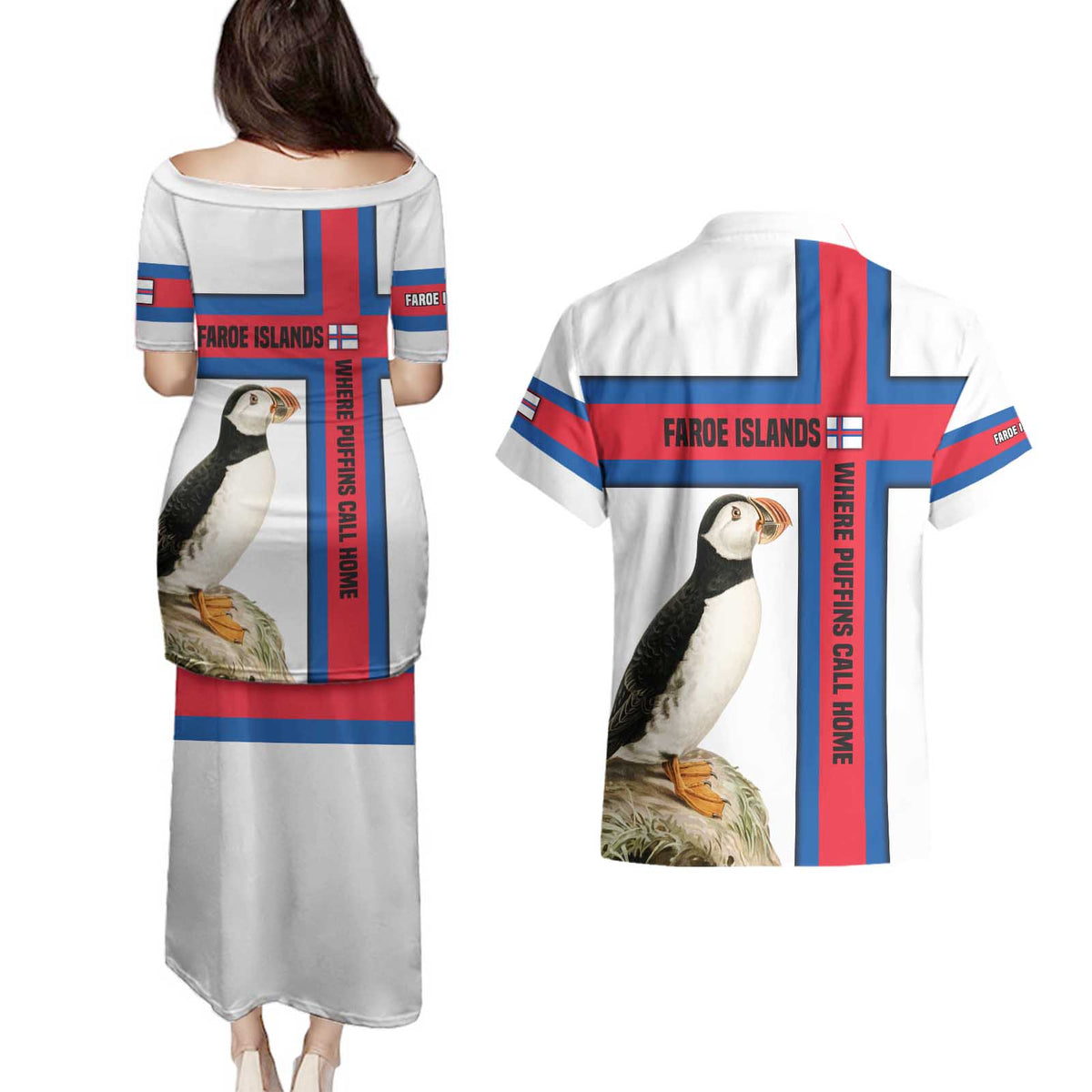 Faroe Islands Couples Matching Puletasi and Hawaiian Shirt with Red Blue Cross Design and Puffin Bird - Wonder Print Shop