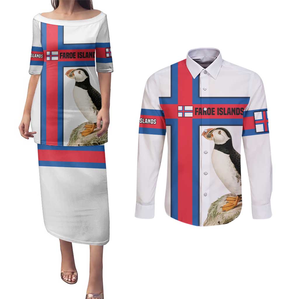 Faroe Islands Couples Matching Puletasi and Long Sleeve Button Shirt with Red Blue Cross Design and Puffin Bird - Wonder Print Shop