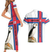 Faroe Islands Couples Matching Short Sleeve Bodycon Dress and Hawaiian Shirt with Red Blue Cross Design and Puffin Bird - Wonder Print Shop