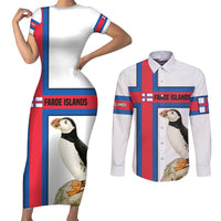 Faroe Islands Couples Matching Short Sleeve Bodycon Dress and Long Sleeve Button Shirt with Red Blue Cross Design and Puffin Bird - Wonder Print Shop