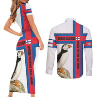 Faroe Islands Couples Matching Short Sleeve Bodycon Dress and Long Sleeve Button Shirt with Red Blue Cross Design and Puffin Bird - Wonder Print Shop
