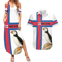 Faroe Islands Couples Matching Summer Maxi Dress and Hawaiian Shirt with Red Blue Cross Design and Puffin Bird - Wonder Print Shop