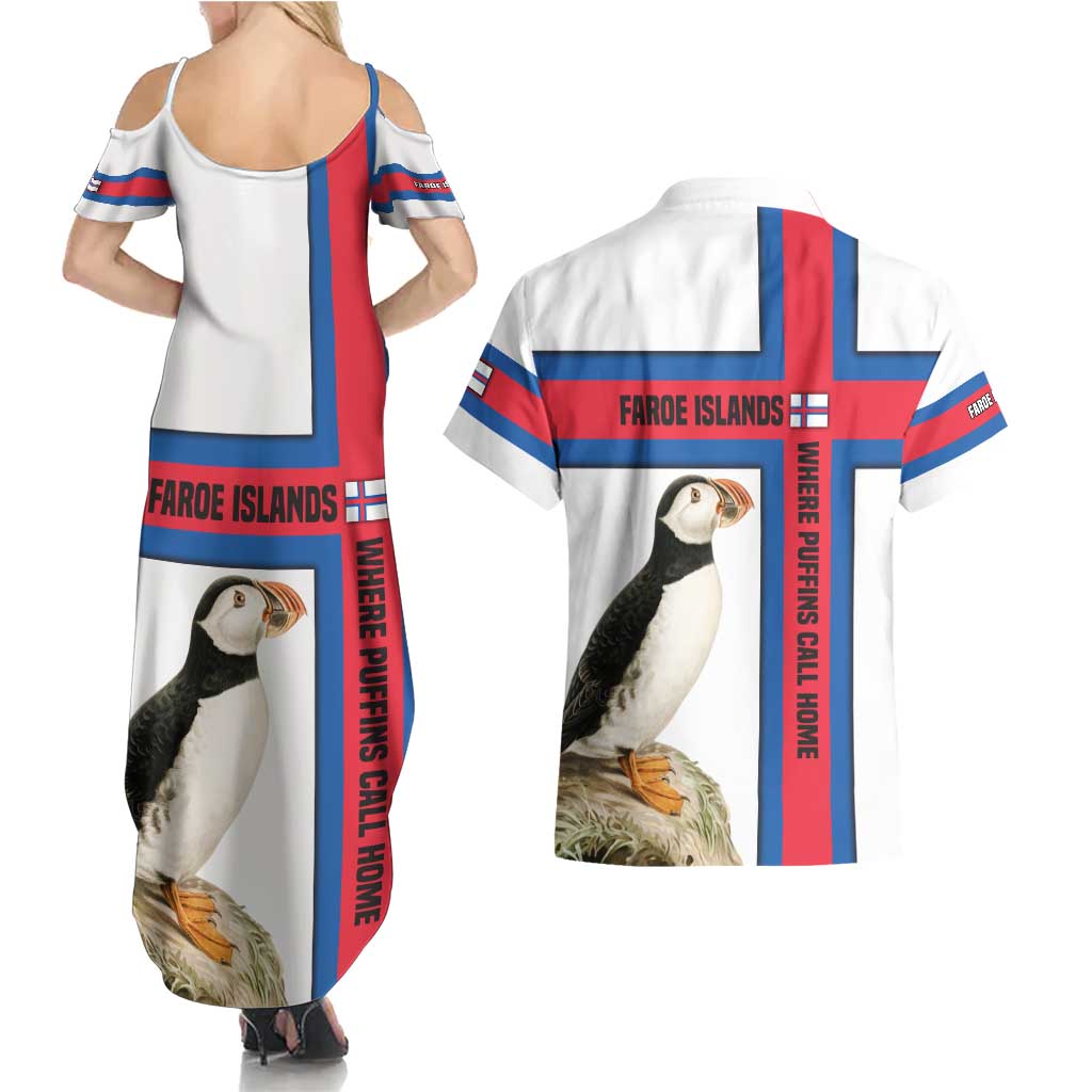 Faroe Islands Couples Matching Summer Maxi Dress and Hawaiian Shirt with Red Blue Cross Design and Puffin Bird - Wonder Print Shop