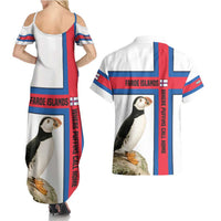 Faroe Islands Couples Matching Summer Maxi Dress and Hawaiian Shirt with Red Blue Cross Design and Puffin Bird - Wonder Print Shop