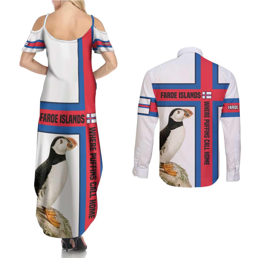 Faroe Islands Couples Matching Summer Maxi Dress and Long Sleeve Button Shirt with Red Blue Cross Design and Puffin Bird - Wonder Print Shop