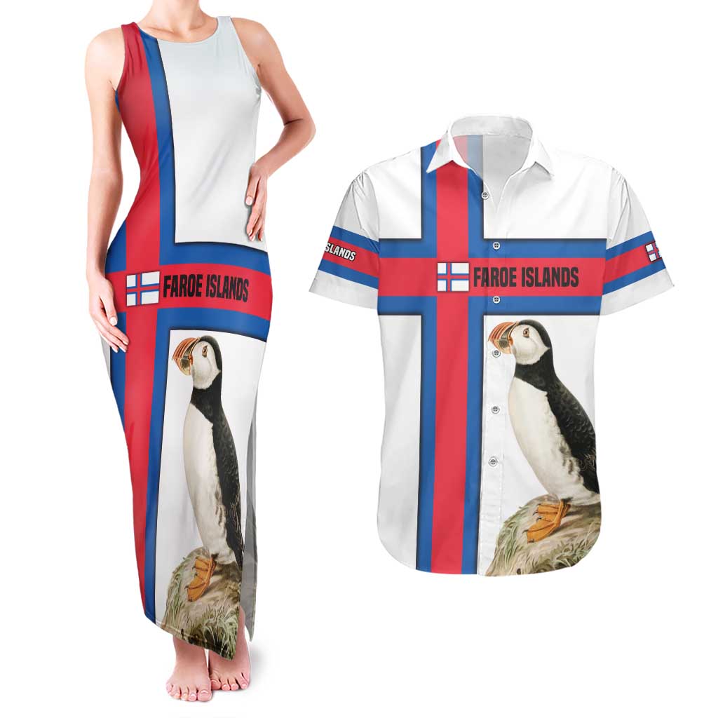 Faroe Islands Couples Matching Tank Maxi Dress and Hawaiian Shirt with Red Blue Cross Design and Puffin Bird - Wonder Print Shop