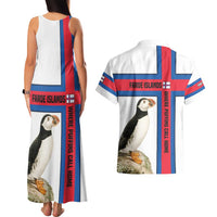 Faroe Islands Couples Matching Tank Maxi Dress and Hawaiian Shirt with Red Blue Cross Design and Puffin Bird - Wonder Print Shop