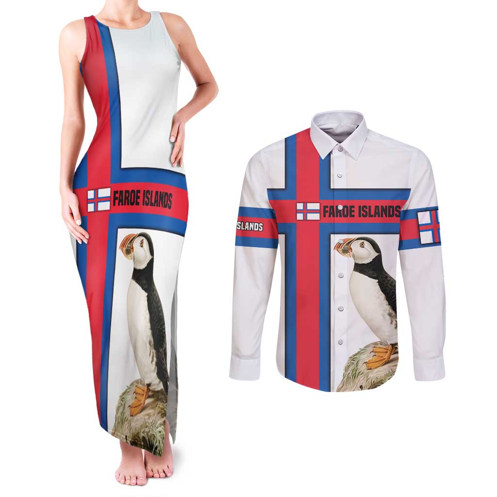Faroe Islands Couples Matching Tank Maxi Dress and Long Sleeve Button Shirt with Red Blue Cross Design and Puffin Bird - Wonder Print Shop