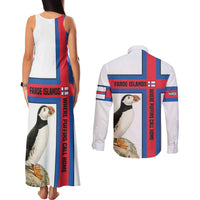 Faroe Islands Couples Matching Tank Maxi Dress and Long Sleeve Button Shirt with Red Blue Cross Design and Puffin Bird - Wonder Print Shop