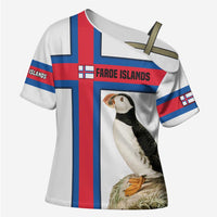 Faroe Islands Cross Shoulder Shirt with Red Blue Cross Design and Puffin Bird - Wonder Print Shop