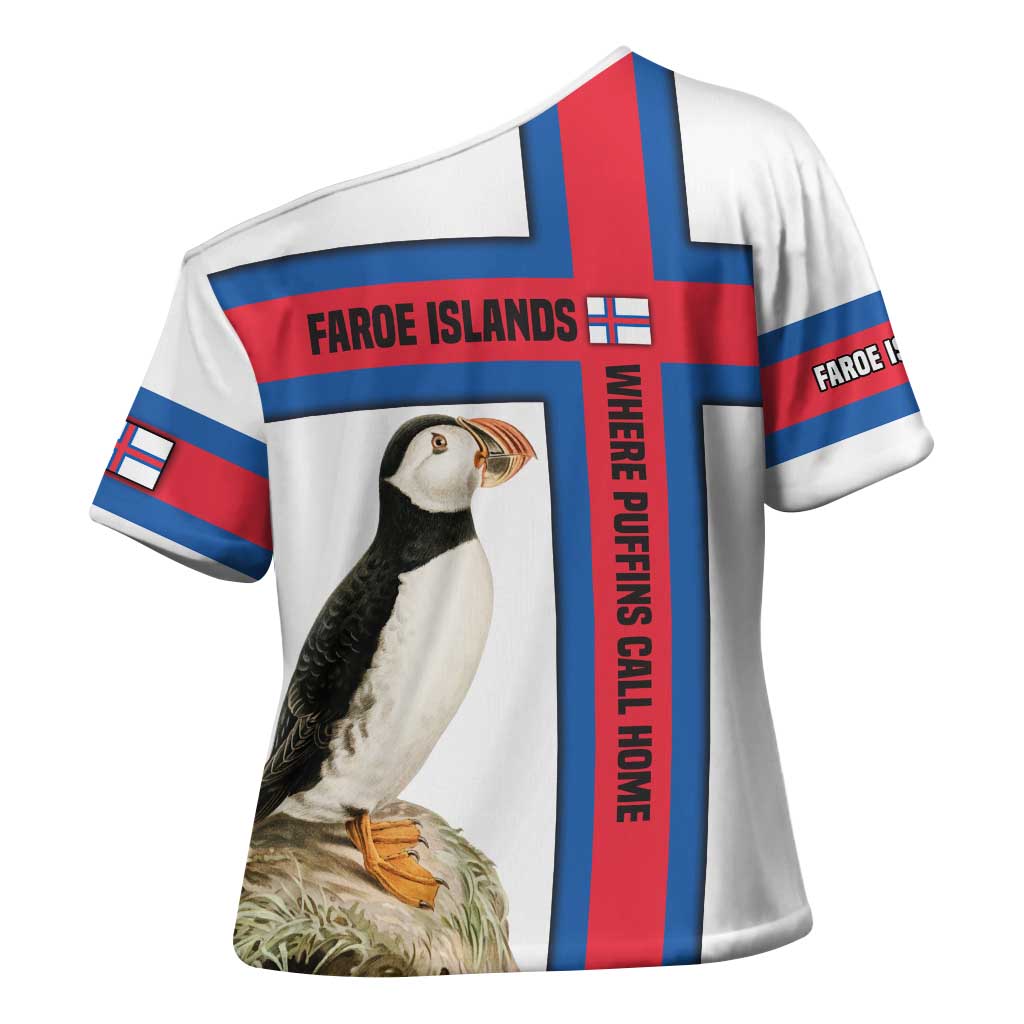 Faroe Islands Cross Shoulder Shirt with Red Blue Cross Design and Puffin Bird - Wonder Print Shop