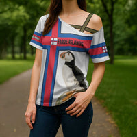 Faroe Islands Cross Shoulder Shirt with Red Blue Cross Design and Puffin Bird - Wonder Print Shop