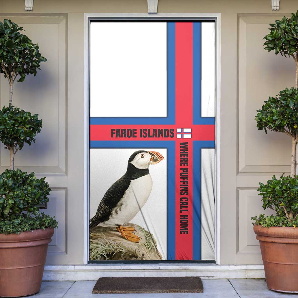Faroe Islands Door Cover with Red Blue Cross Design and Puffin Bird - Wonder Print Shop