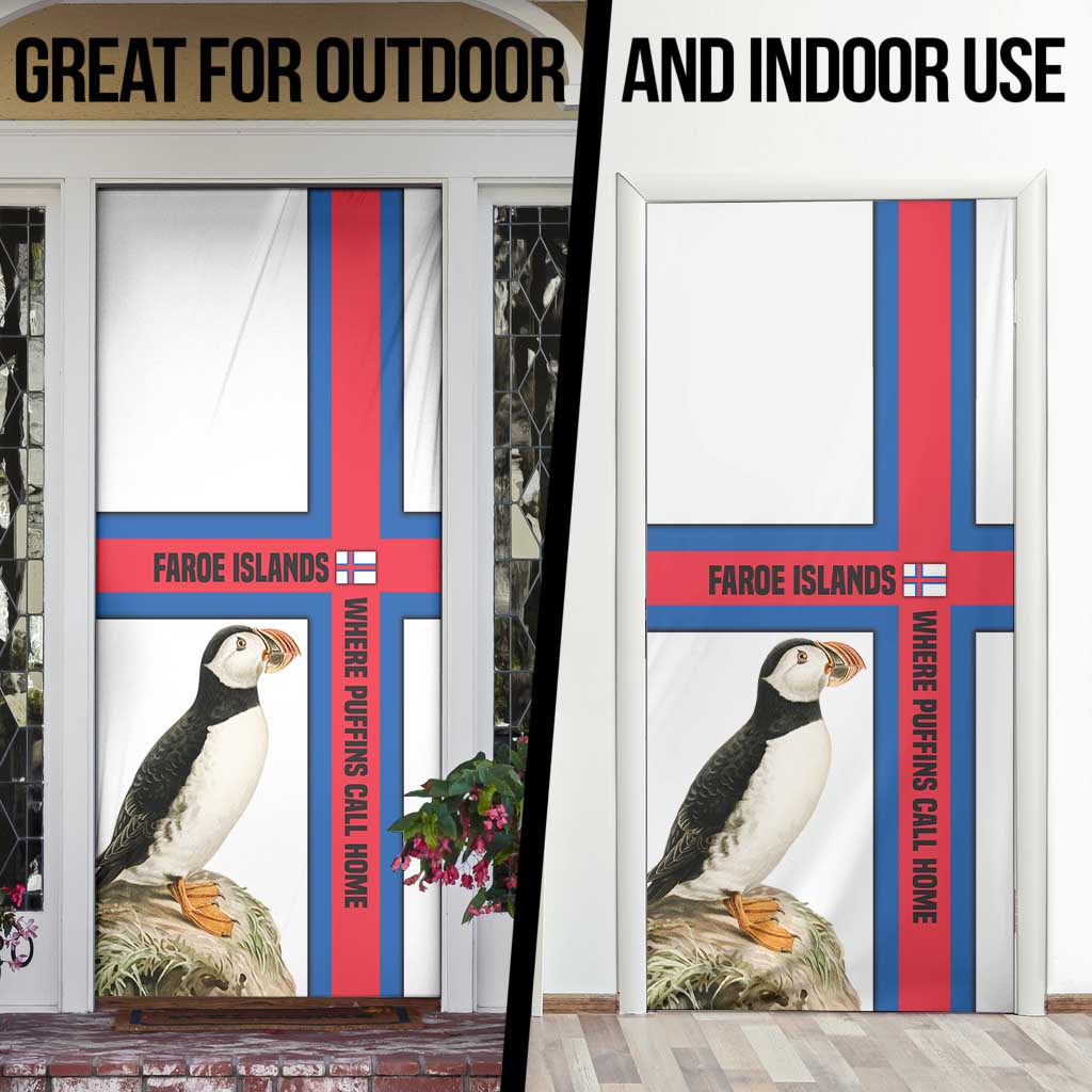 Faroe Islands Door Cover with Red Blue Cross Design and Puffin Bird - Wonder Print Shop