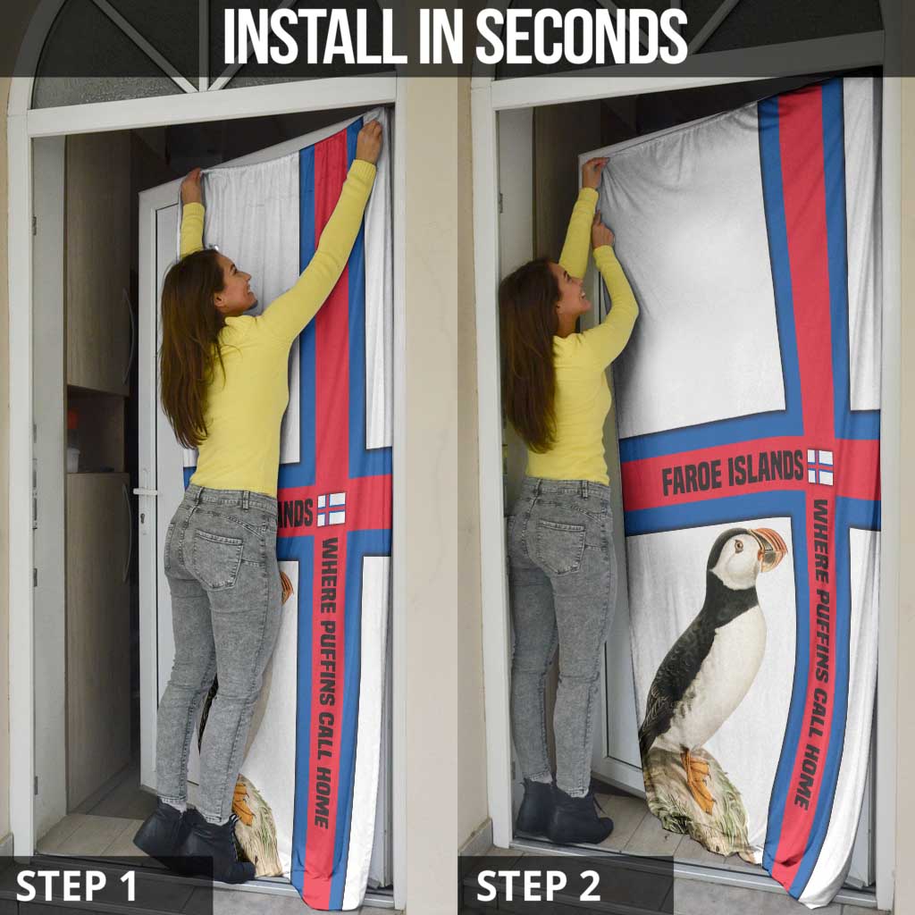 Faroe Islands Door Cover with Red Blue Cross Design and Puffin Bird - Wonder Print Shop