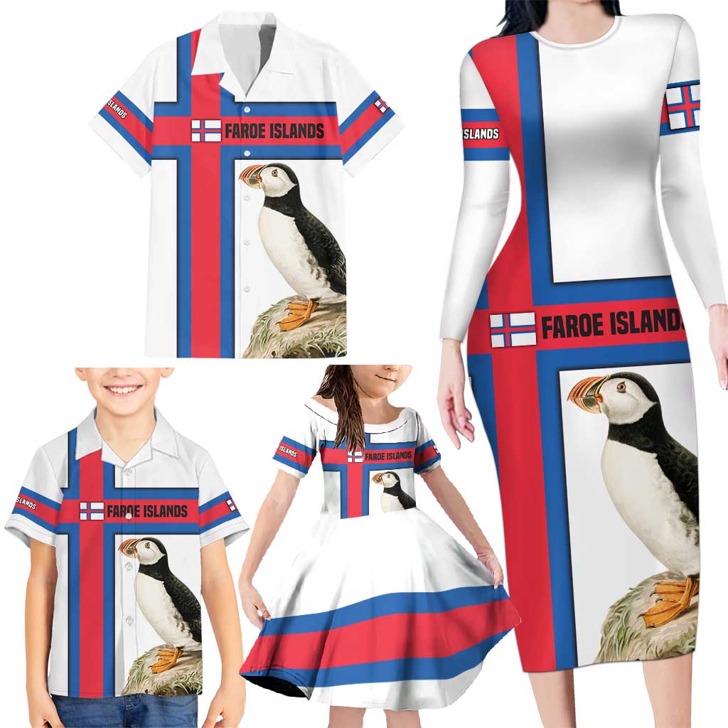 Faroe Islands Family Matching Long Sleeve Bodycon Dress and Hawaiian Shirt with Red Blue Cross Design and Puffin Bird - Wonder Print Shop