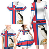 Faroe Islands Family Matching Long Sleeve Bodycon Dress and Hawaiian Shirt with Red Blue Cross Design and Puffin Bird - Wonder Print Shop