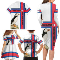 Faroe Islands Family Matching Long Sleeve Bodycon Dress and Hawaiian Shirt with Red Blue Cross Design and Puffin Bird - Wonder Print Shop
