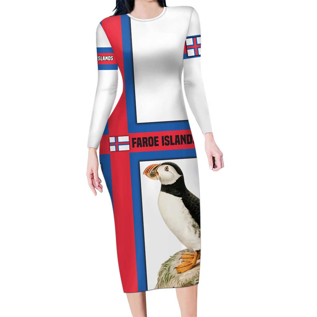 Faroe Islands Family Matching Long Sleeve Bodycon Dress and Hawaiian Shirt with Red Blue Cross Design and Puffin Bird - Wonder Print Shop