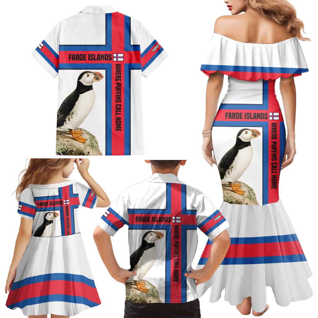 Faroe Islands Family Matching Mermaid Dress and Hawaiian Shirt with Red Blue Cross Design and Puffin Bird - Wonder Print Shop