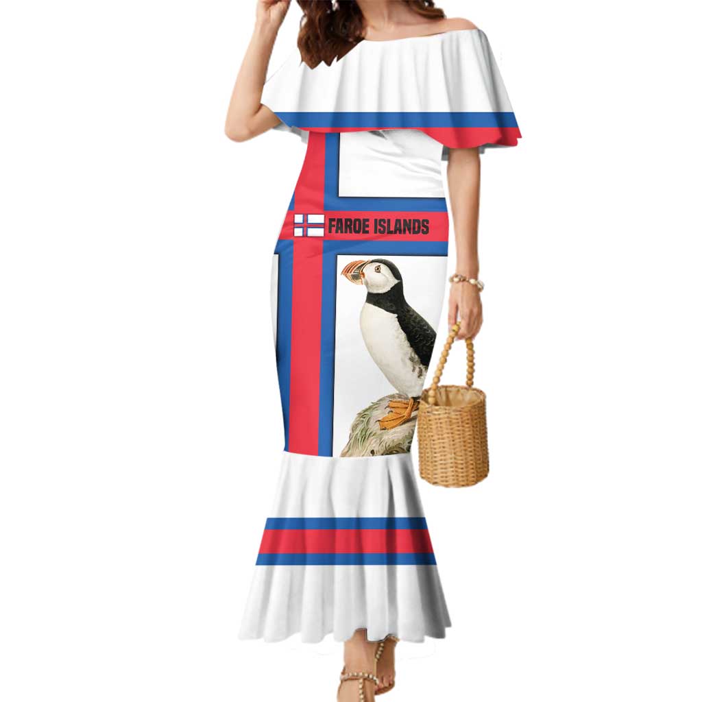 Faroe Islands Family Matching Mermaid Dress and Hawaiian Shirt with Red Blue Cross Design and Puffin Bird - Wonder Print Shop