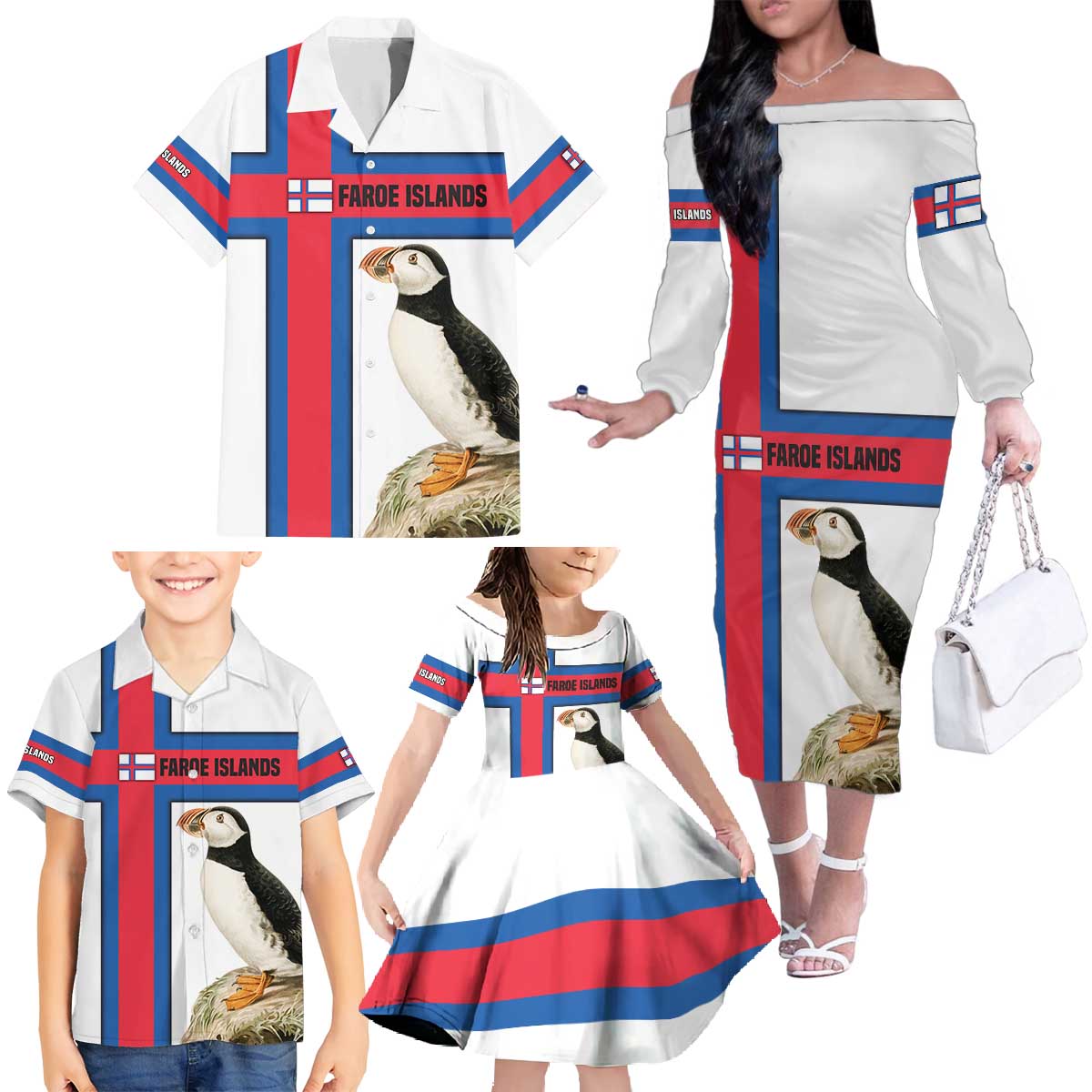 Faroe Islands Family Matching Off The Shoulder Long Sleeve Dress and Hawaiian Shirt with Red Blue Cross Design and Puffin Bird - Wonder Print Shop