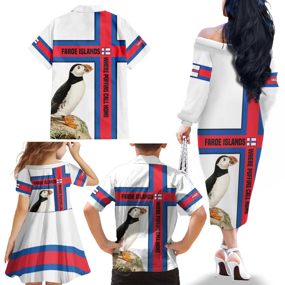 Faroe Islands Family Matching Off The Shoulder Long Sleeve Dress and Hawaiian Shirt with Red Blue Cross Design and Puffin Bird - Wonder Print Shop