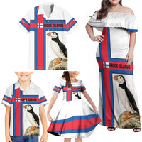 Faroe Islands Family Matching Off Shoulder Maxi Dress and Hawaiian Shirt with Red Blue Cross Design and Puffin Bird - Wonder Print Shop