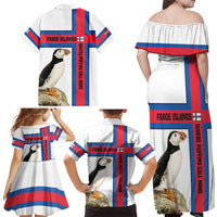 Faroe Islands Family Matching Off Shoulder Maxi Dress and Hawaiian Shirt with Red Blue Cross Design and Puffin Bird - Wonder Print Shop