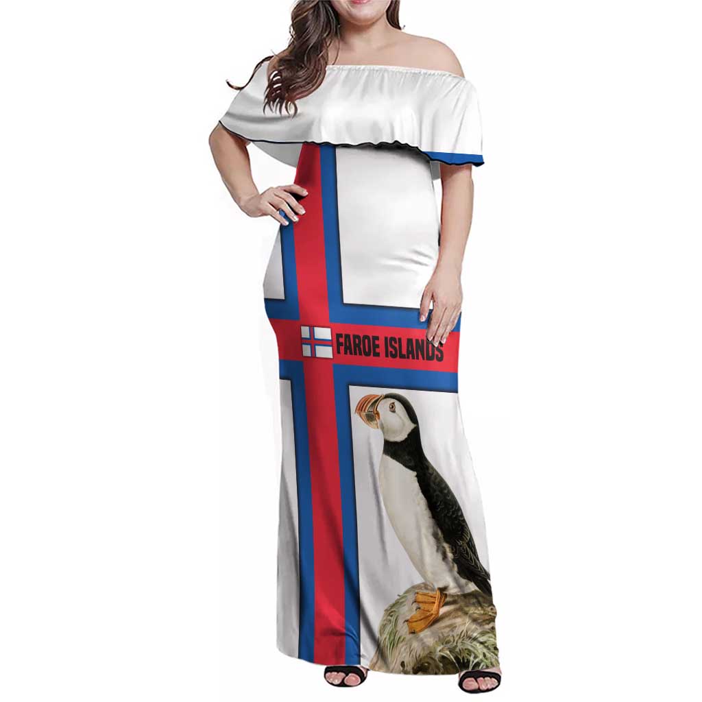 Faroe Islands Family Matching Off Shoulder Maxi Dress and Hawaiian Shirt with Red Blue Cross Design and Puffin Bird - Wonder Print Shop