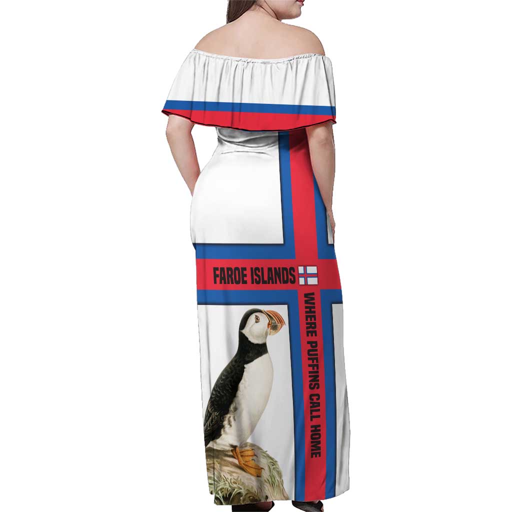 Faroe Islands Family Matching Off Shoulder Maxi Dress and Hawaiian Shirt with Red Blue Cross Design and Puffin Bird - Wonder Print Shop