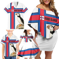 Faroe Islands Family Matching Off Shoulder Short Dress and Hawaiian Shirt with Red Blue Cross Design and Puffin Bird - Wonder Print Shop