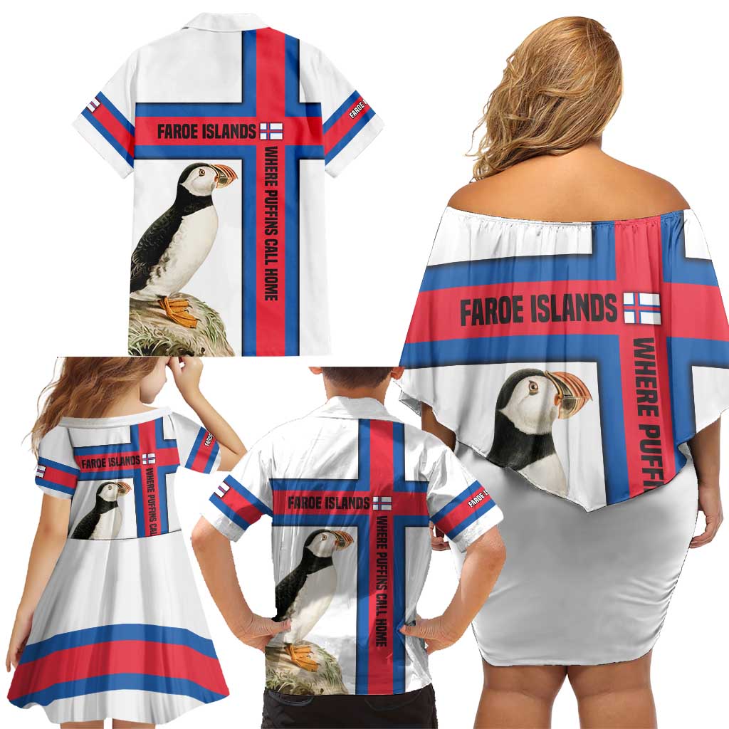 Faroe Islands Family Matching Off Shoulder Short Dress and Hawaiian Shirt with Red Blue Cross Design and Puffin Bird - Wonder Print Shop