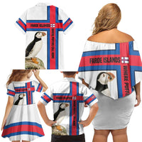 Faroe Islands Family Matching Off Shoulder Short Dress and Hawaiian Shirt with Red Blue Cross Design and Puffin Bird - Wonder Print Shop