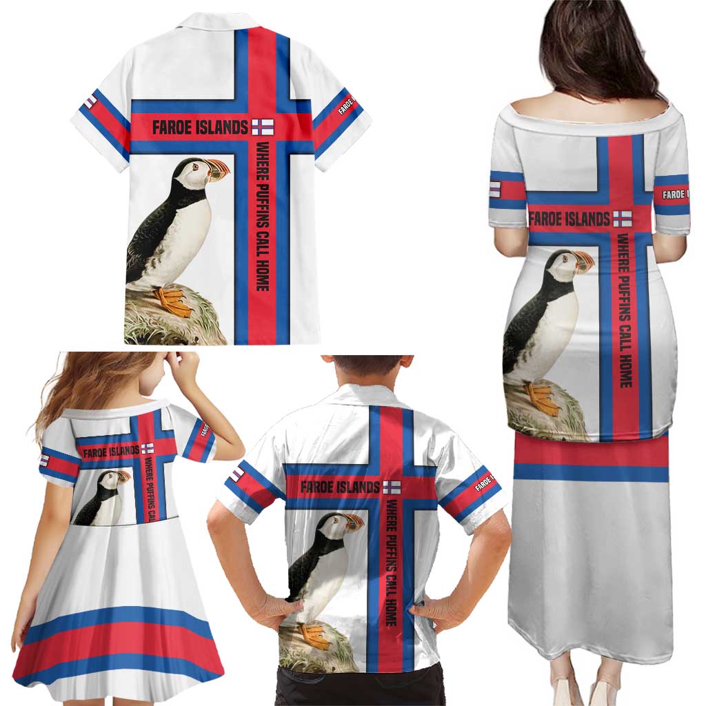 Faroe Islands Family Matching Puletasi and Hawaiian Shirt with Red Blue Cross Design and Puffin Bird - Wonder Print Shop