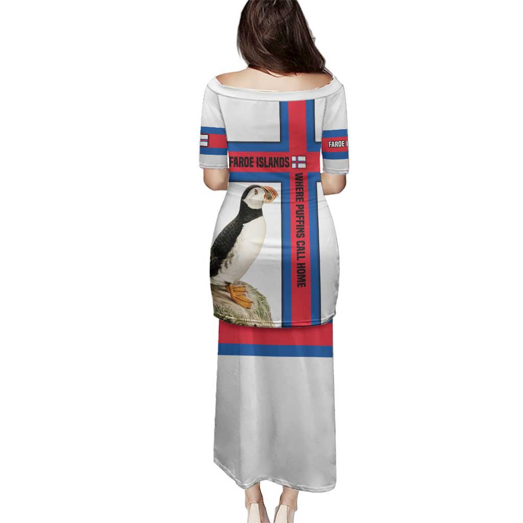 Faroe Islands Family Matching Puletasi and Hawaiian Shirt with Red Blue Cross Design and Puffin Bird - Wonder Print Shop